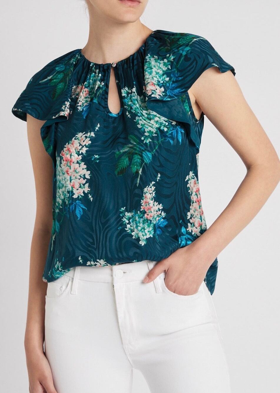 Rebecca Taylor Silk Blend Hydrangea Floral Ruffle Blouse Teal Blue Medium
